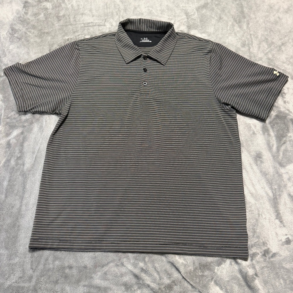 Under Armour Mens Striped Polo Shirt Large Black Tan Short Sleeve Golf Classic